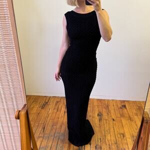 ALAÏA Black Wool-Blend Knit Ribbed Maxi Dress with Purple Bobbles